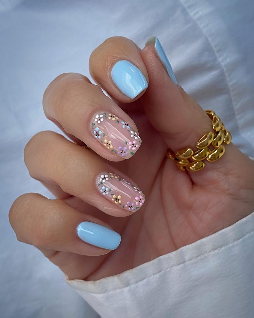 Blue and Nude with Flowers Nail Art
