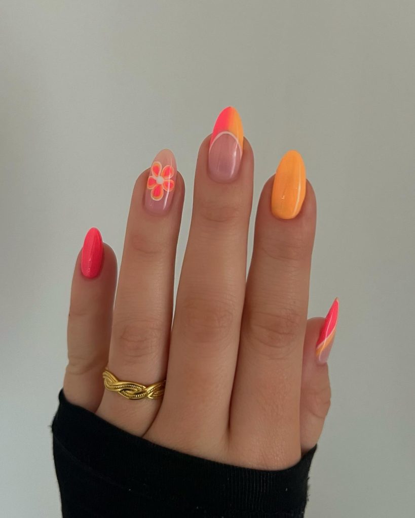 Gradient Orange Nails with Flower