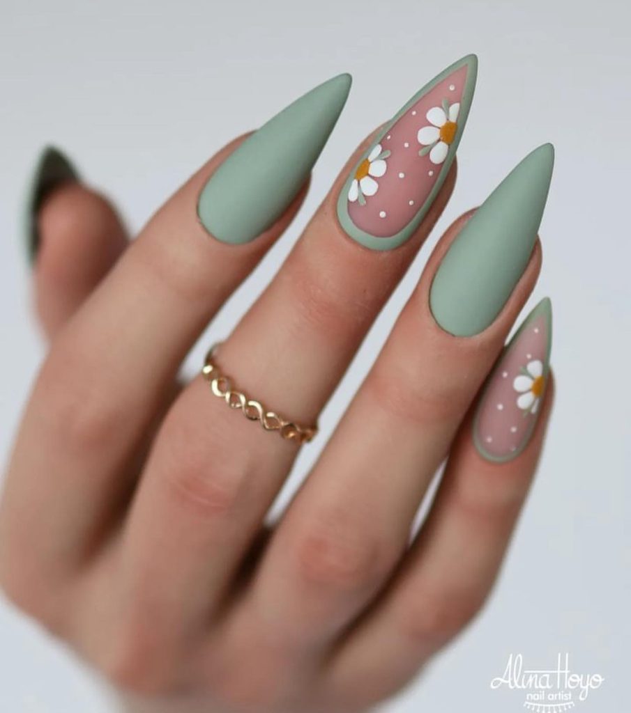 Matte-Green-with-White-Flowers-Spring-Nails