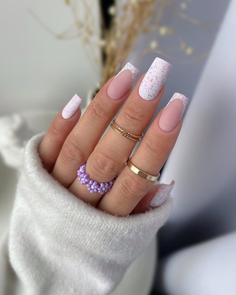 Nude and White with Confetti Spring Nails