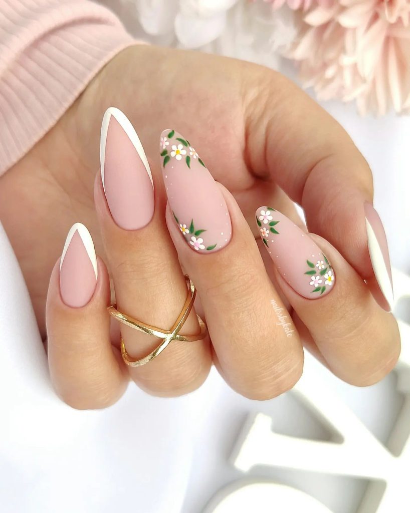 Pastel White French Tip with Daisies Nail Art