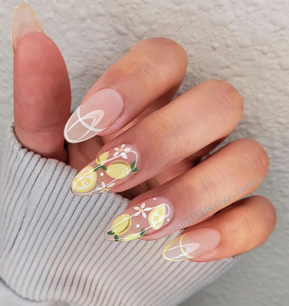 Pastel Yellow Lemons with White French Lines Nail art