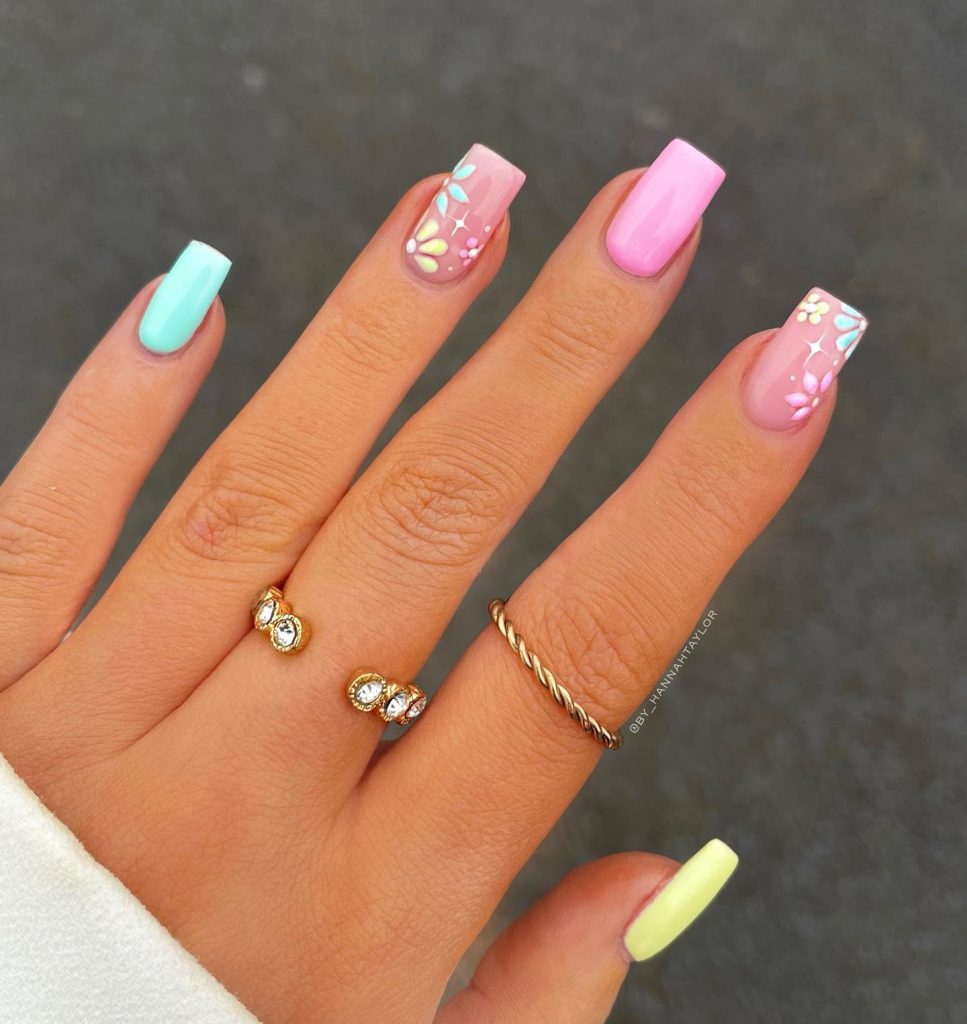 Pink, Yellow, and Blue with Flowers Nail Art