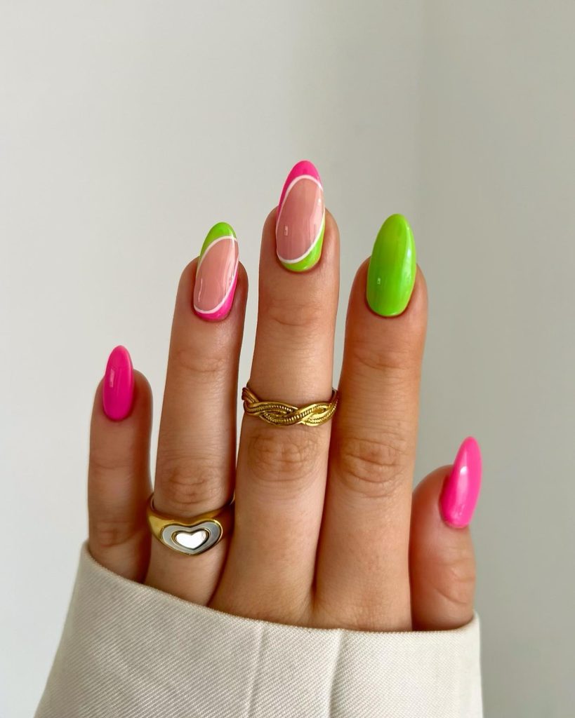 Pink and Green French and Reverse French Tip