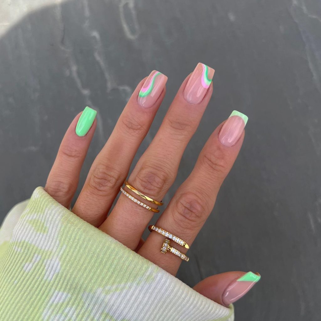 Pink and Green Swirls Nail Art