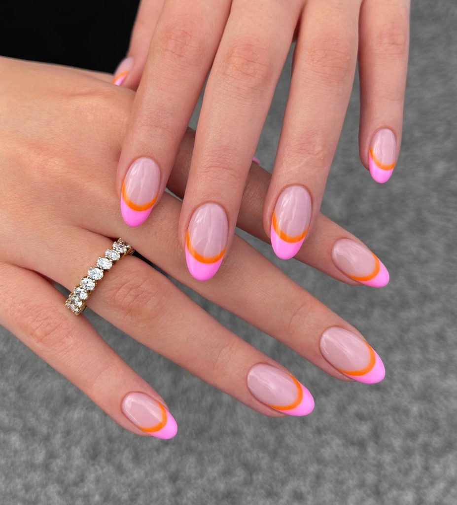 Pink and Orange Double French Tips Nail Art