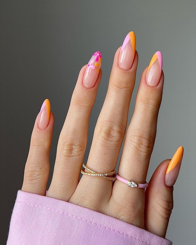 Pink and Orange Tips with Flowers Nails