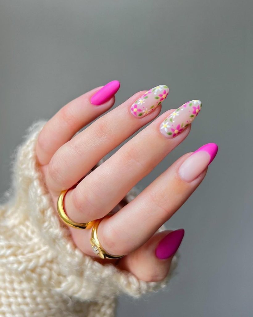 Pink with Flowers Nail Art