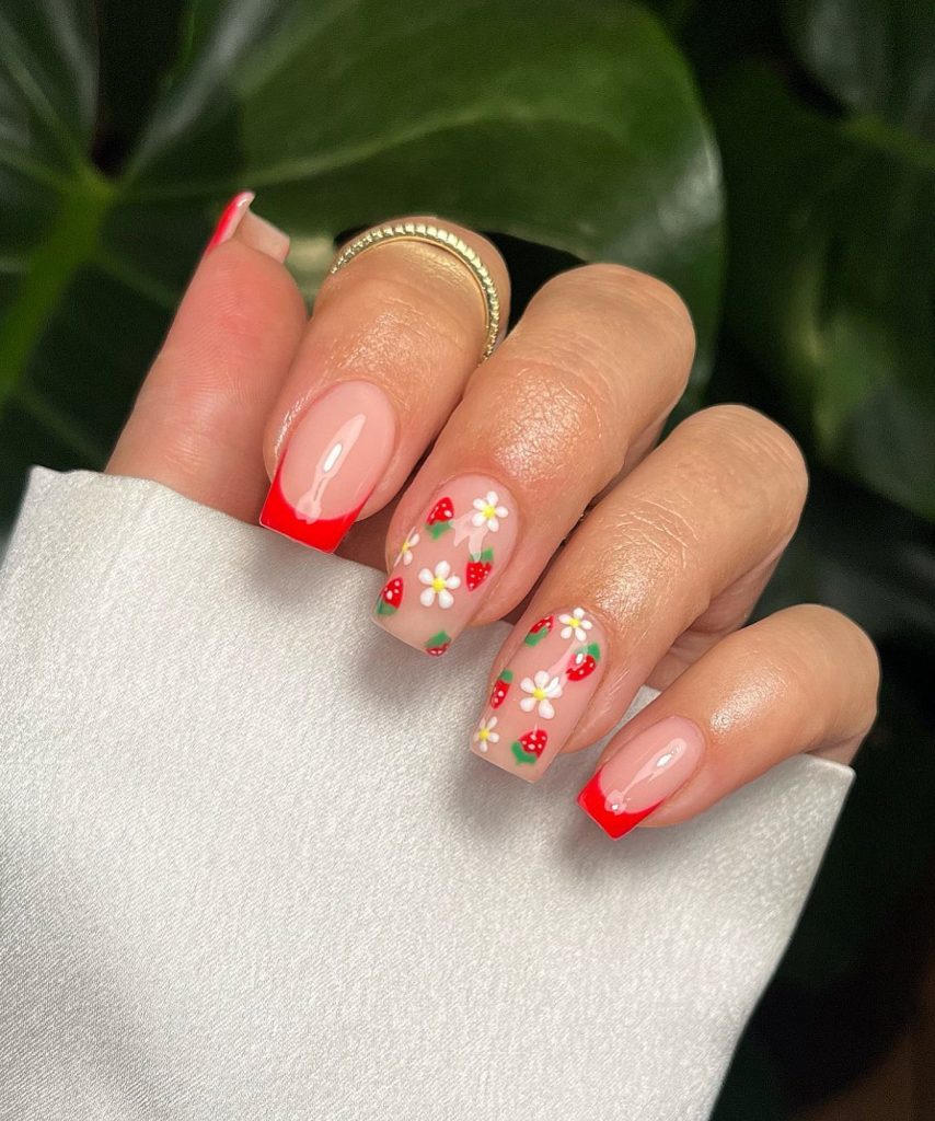 Red French Tip with Strawberries and Daisies