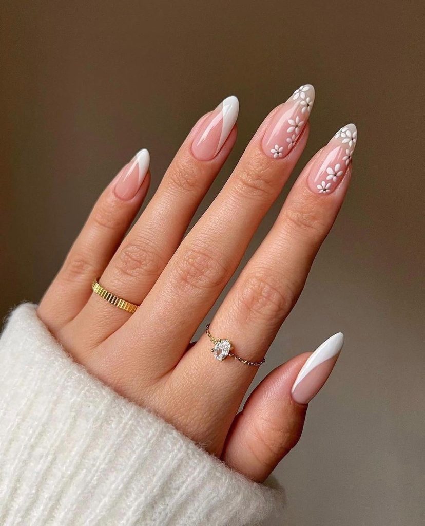 White Side Tip and Flowers Nail Art