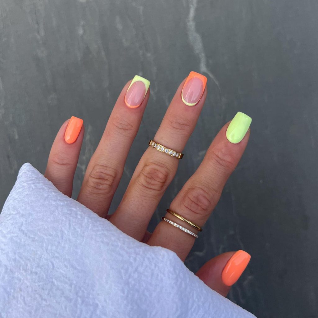 Yellow and Orange French and Reverse French Tip Nails