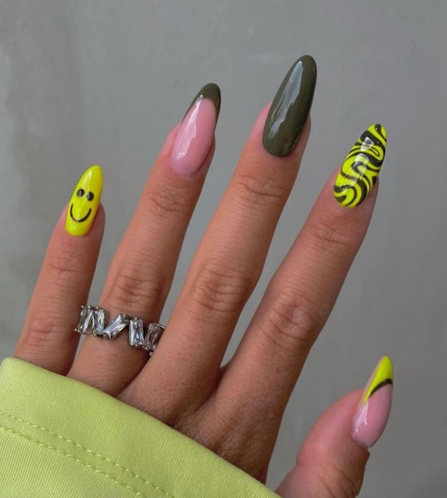 green and yellow mix and match nails