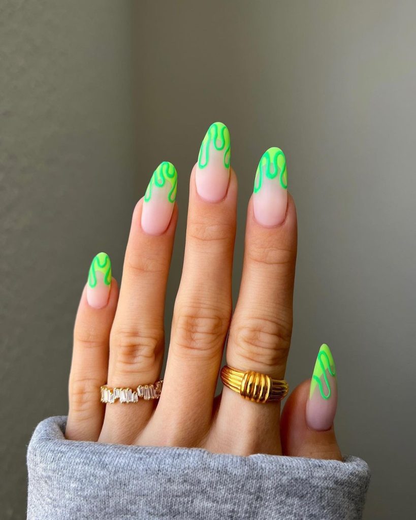 green swirls french tip nails