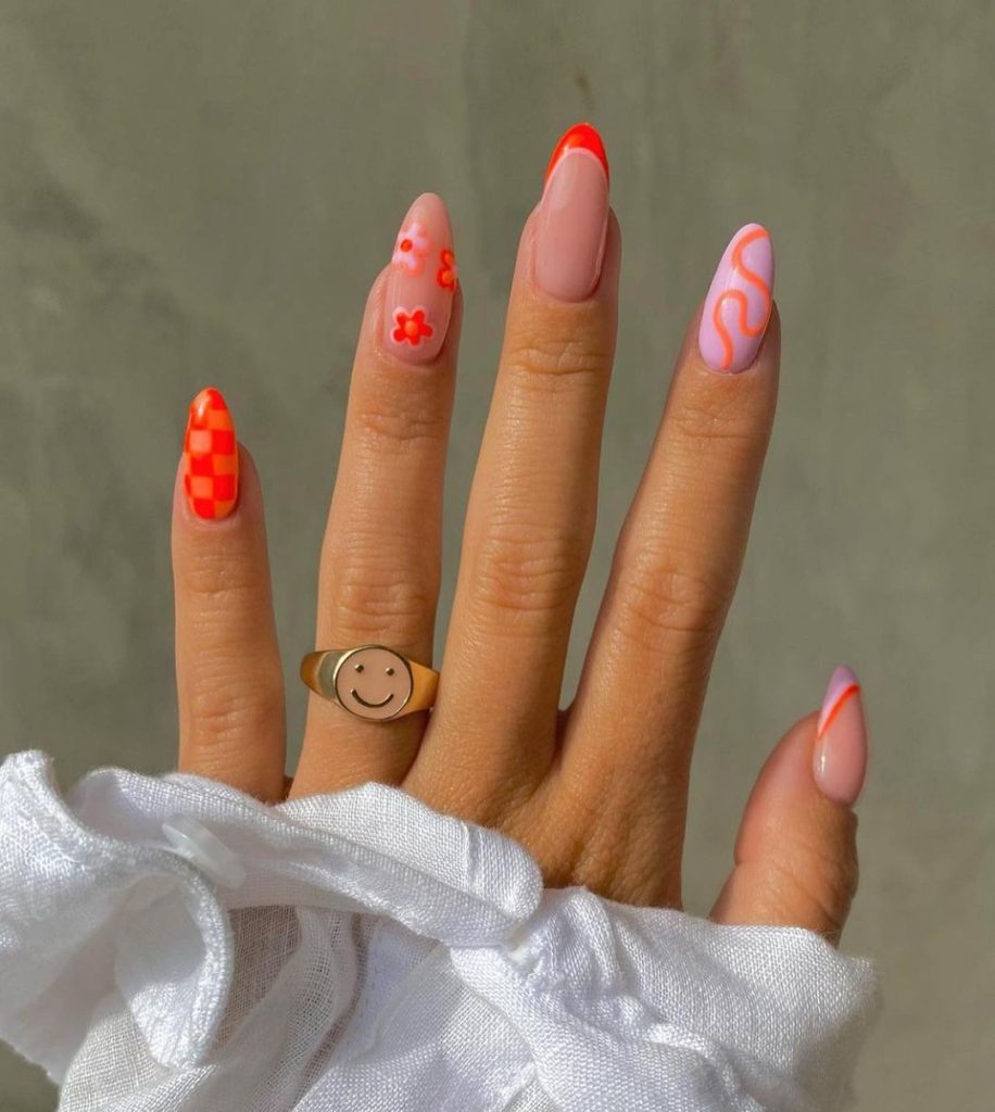 orange mix and match nails