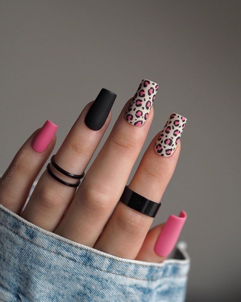 pink and black animal print nails
