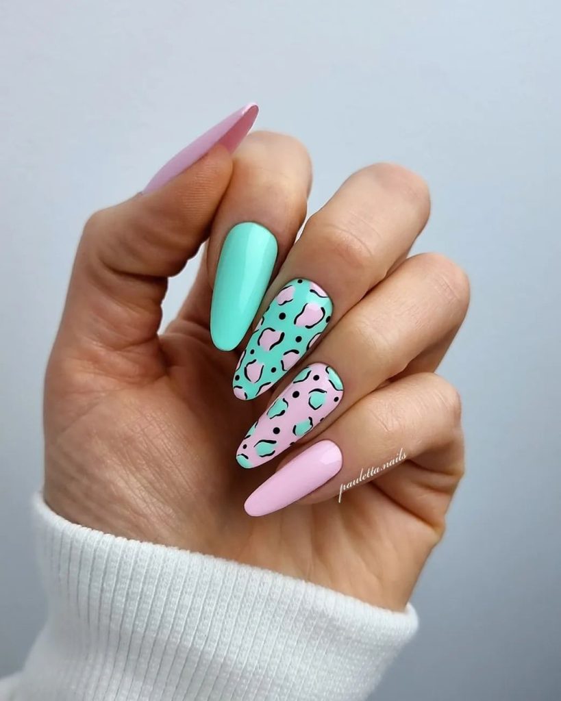 pink and green animal print nails