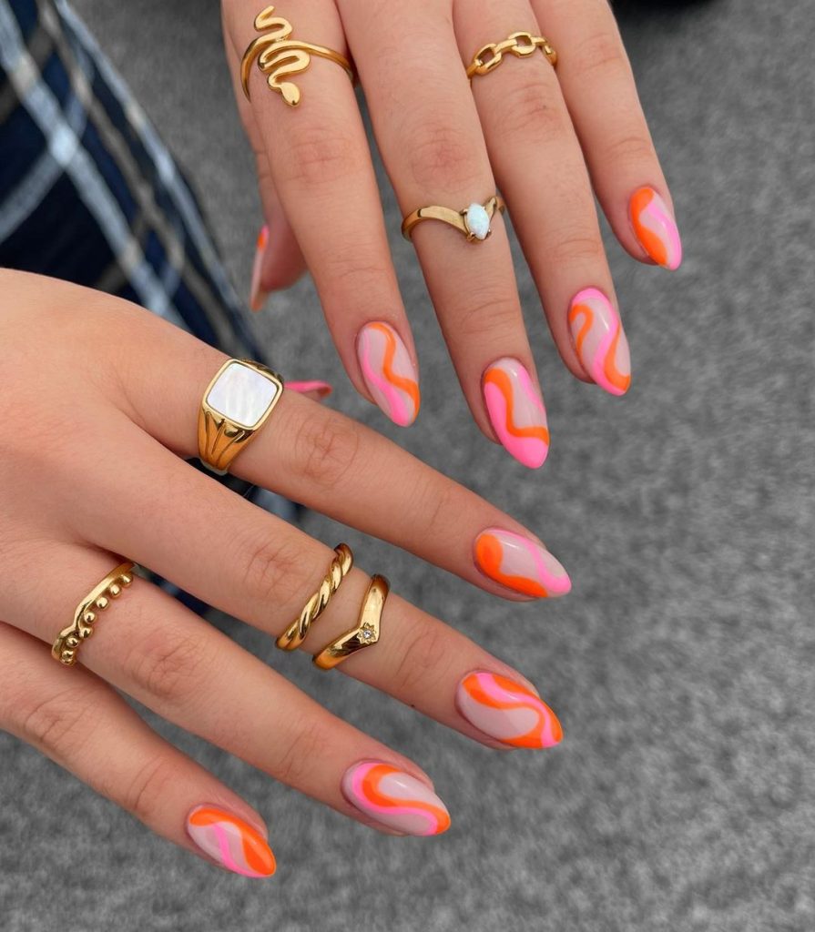 pink and orange swirl nails