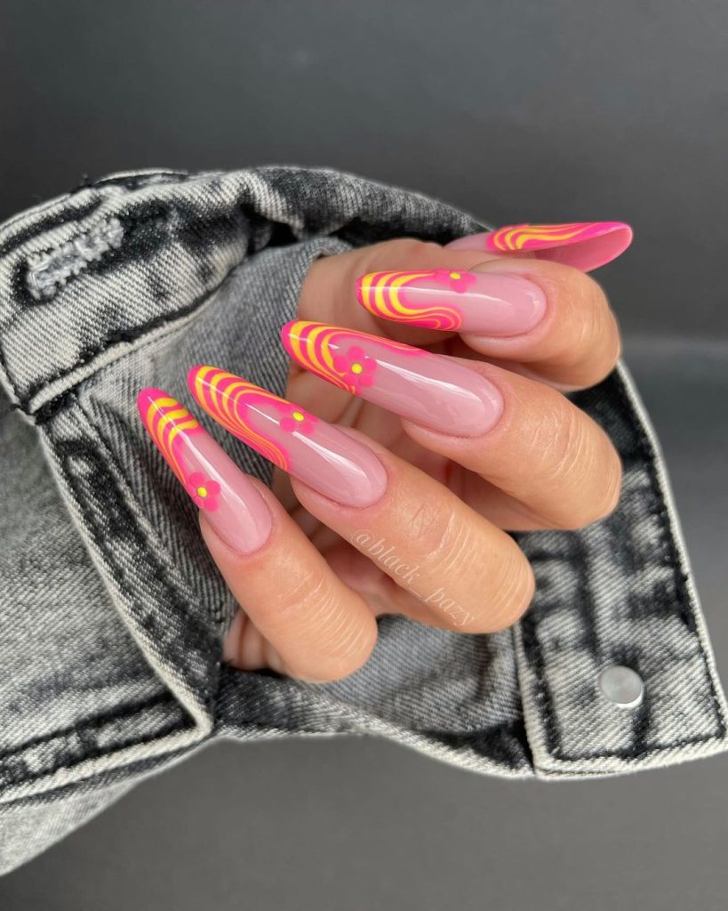 pink swirls french tip nails