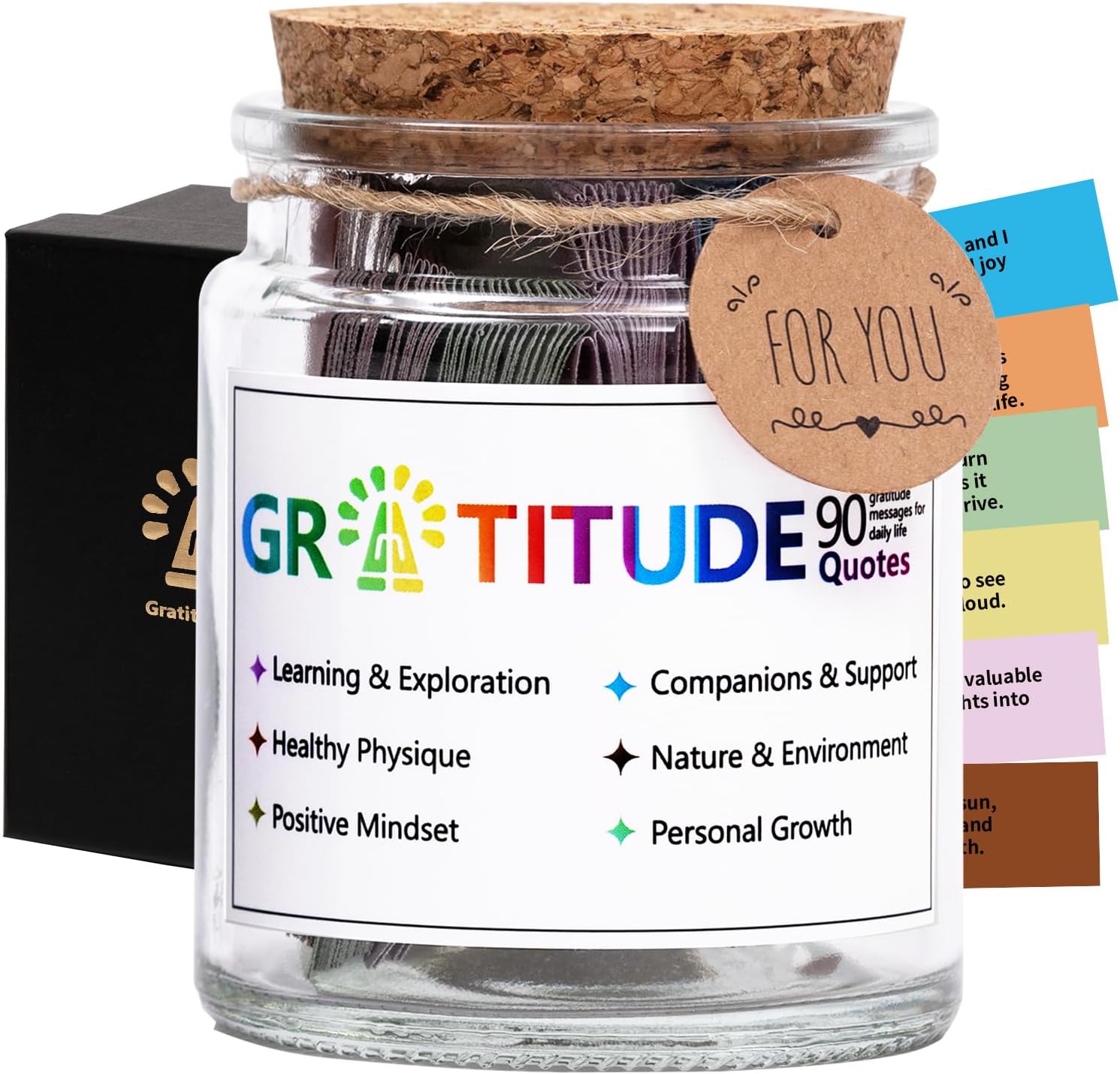 Gratitude Jar with 90 Colorful Gratitude Quotes Cards,Inspirational Appreciation Graduation Birthday Gifts for Women Men Teen Friend Coworker,Thanksgiving Gifts-Daily Discovery of Appreciation Moments