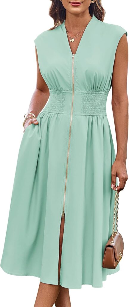 cap sleeve zip-front midi dress