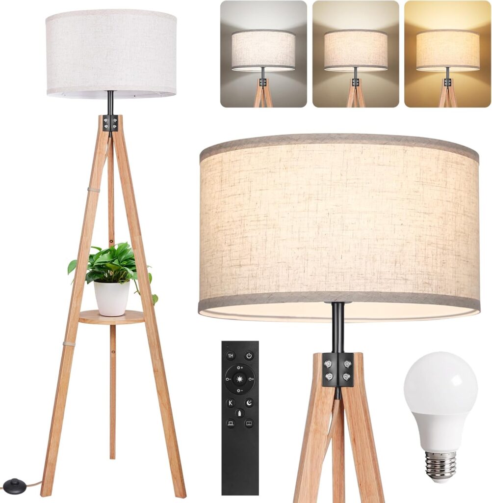 Dimmable Wood Tripod Floor Lamp