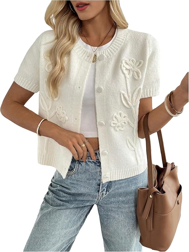 floral embroidery short sleeve cardigan