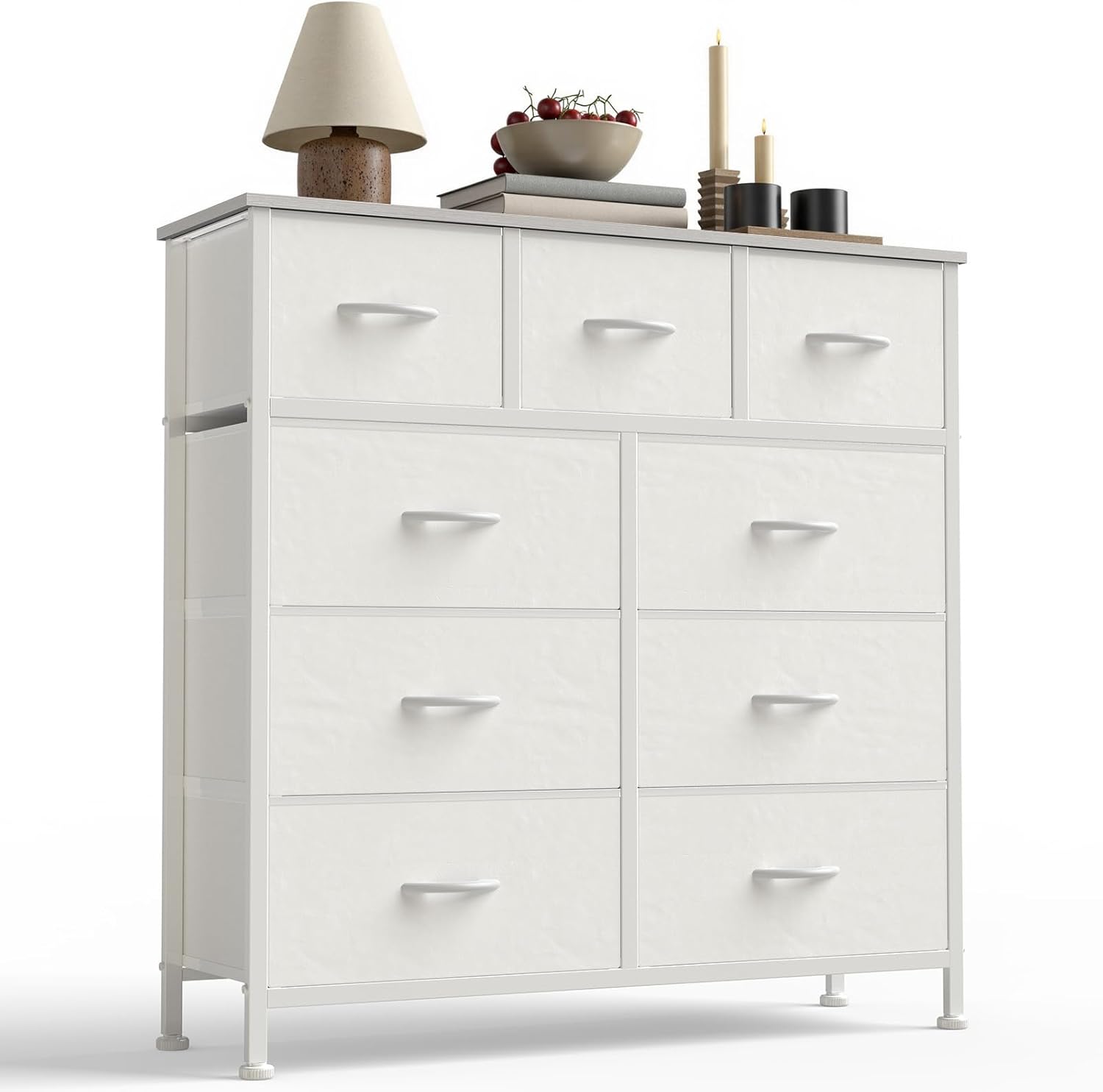 White bedroom dresser with 9 drawers and fabric bins for organized storage