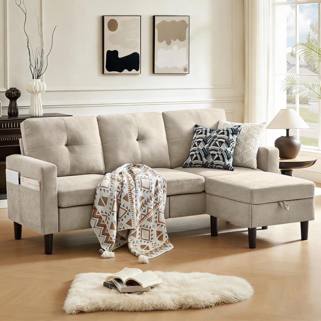 Beige L-shaped sectional sofa with movable ottoman for small apartment living room