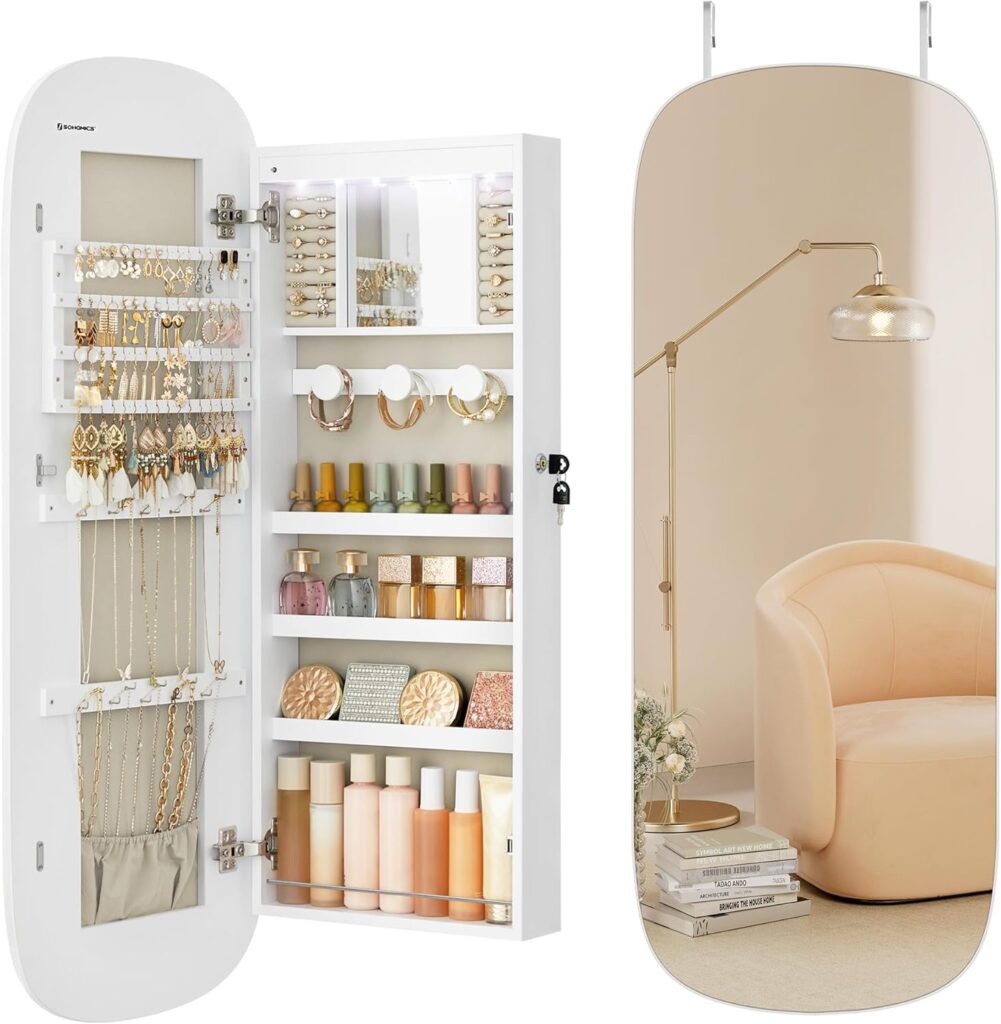 White wall-mounted LED jewelry cabinet with mirror and interior storage compartments