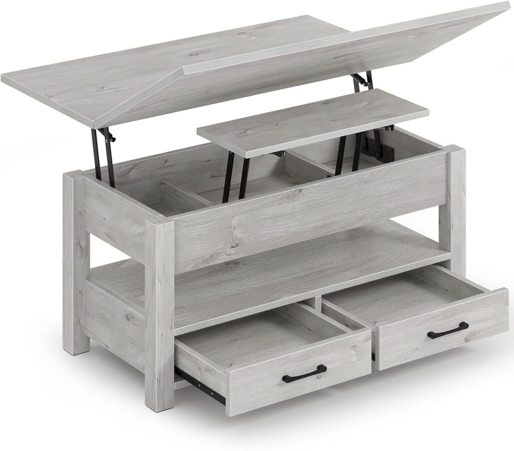 Grey lift-top coffee table with hidden storage and convertible dining surface