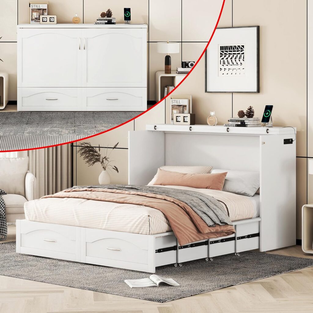 White queen-size Murphy bed cabinet with built-in drawer and USB ports in modern small bedroom