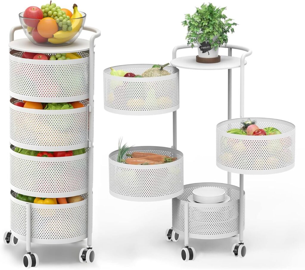 White 4-tier rotating storage cart on wheels for kitchen or pantry organization