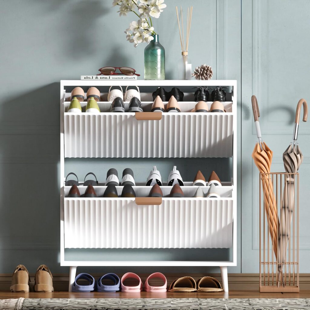 Narrow white shoe cabinet with two flip drawers