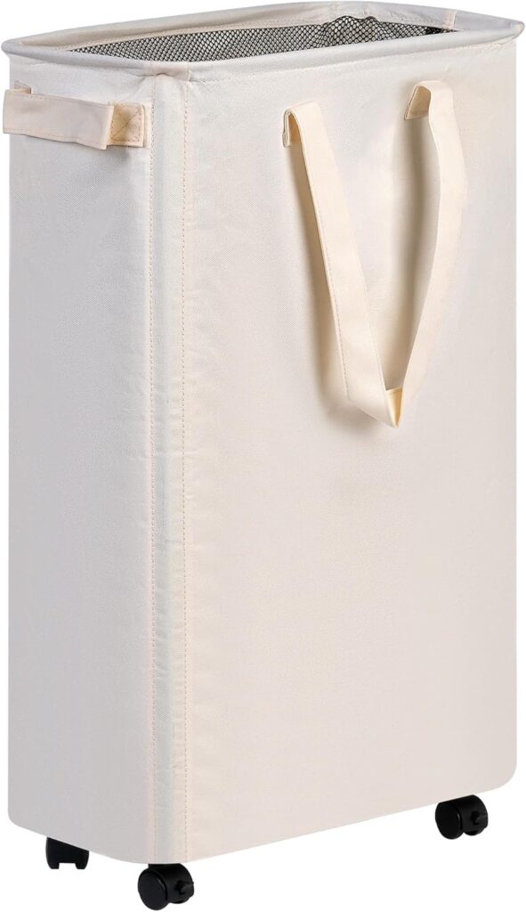 Slim beige laundry hamper with wheels for small laundry rooms or bedrooms