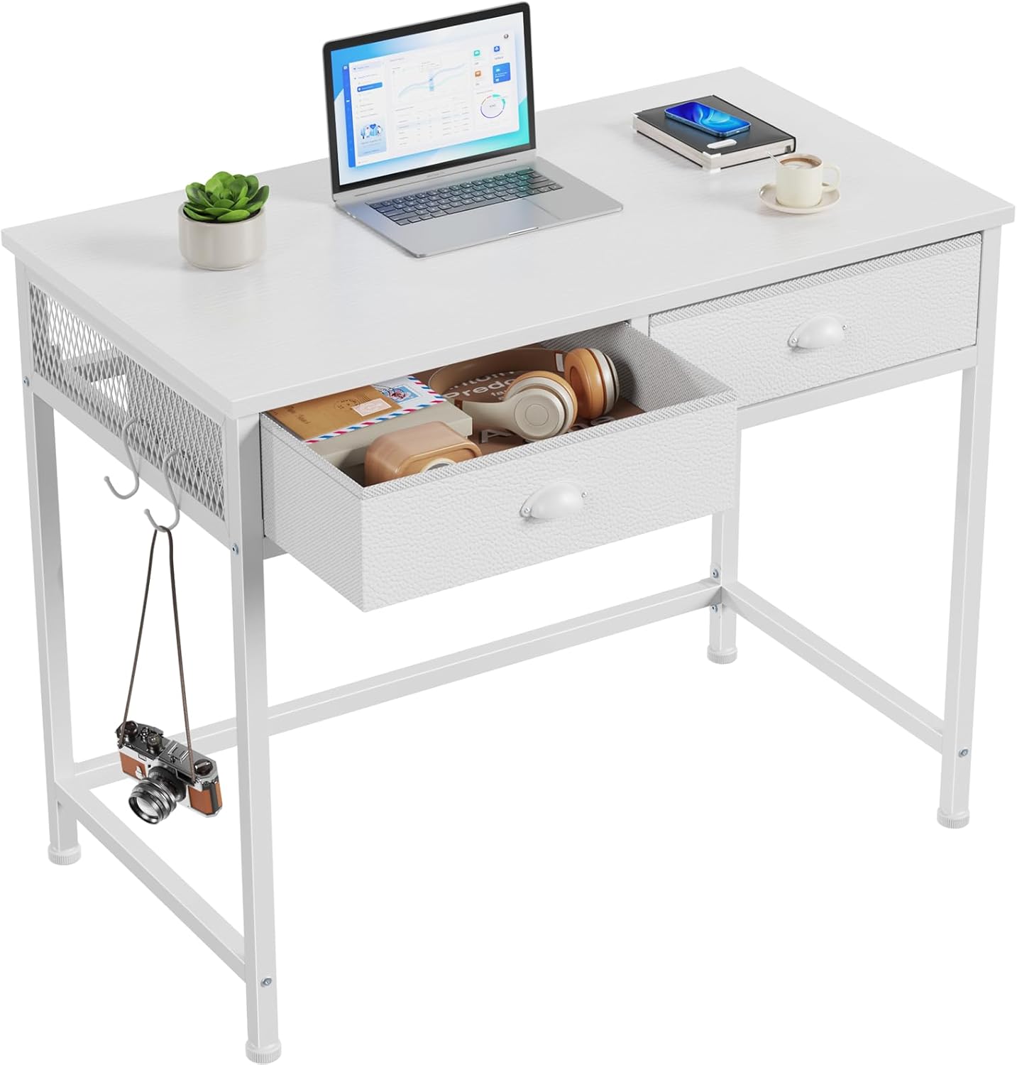 White small computer desk with two fabric drawers for bedroom or home office