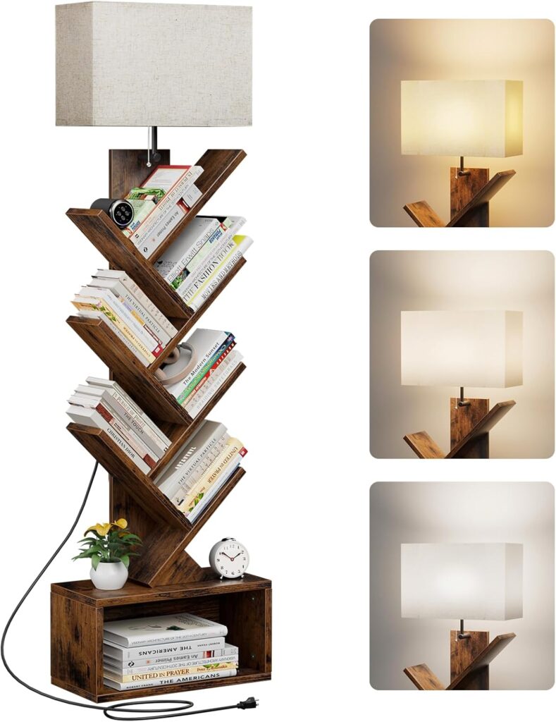 Tall 6-tier bookshelf with light in rustic brown finish for living room or office