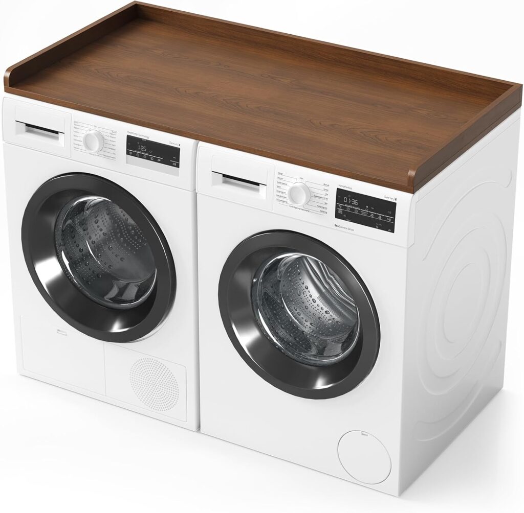 Wooden countertop shelf over washer and dryer for laundry organization