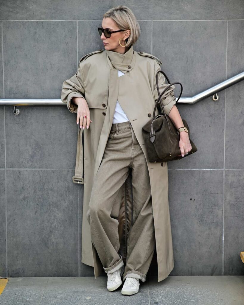 Trench Coat + Matching Jeans + White Tee + White Sneakers