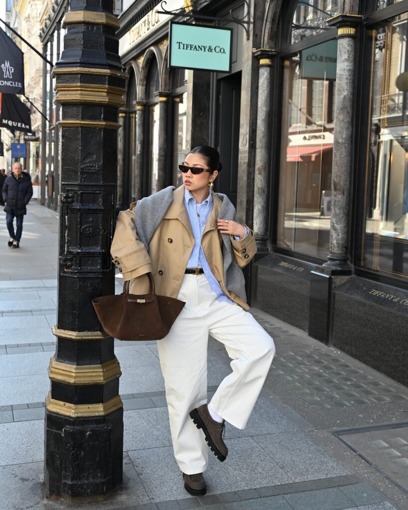 Trench Coat + White Jeans + Layered Knitwear + Suede Loafers