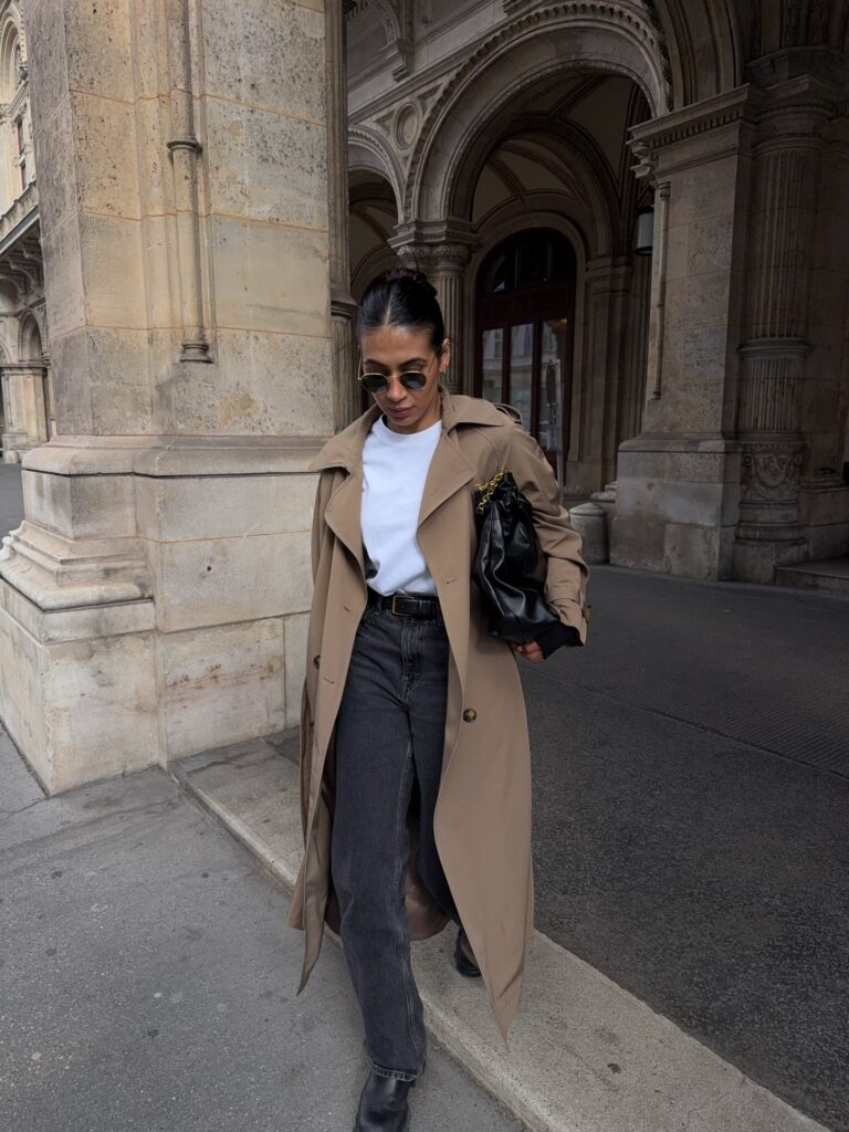 Trench Coat + Black Jeans + White Tee + Loafers