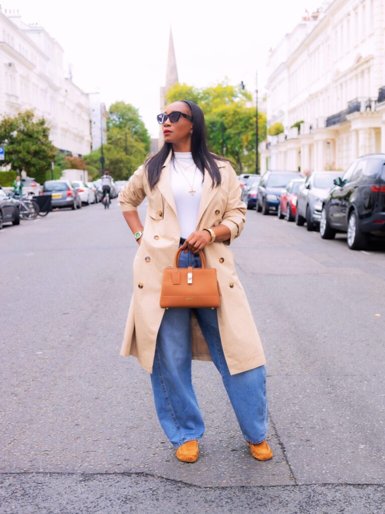 Trench Coat + Barrel-Leg Jeans + Brown Loafers + Matching Bag